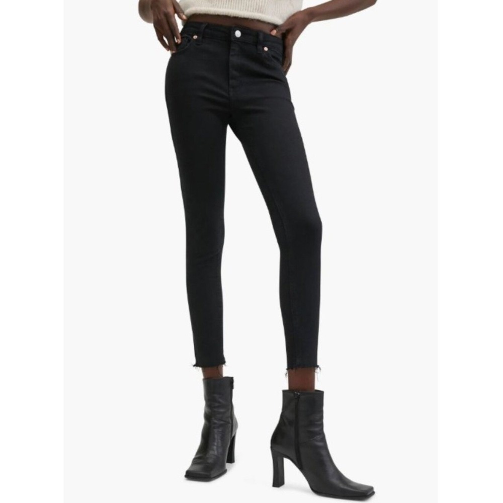 Mango Isa Skinny Jeans Women 4 Faded Black Raw Hem High Waist Denim Pants